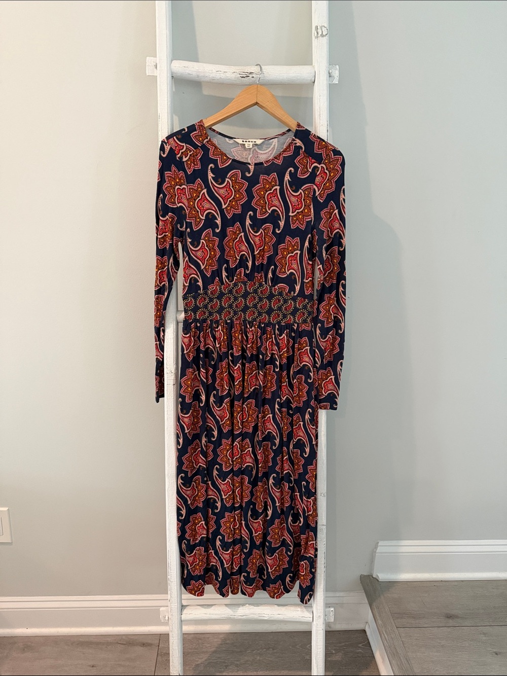 Boden Navy Long-Sleeve Thea Paisley Midi Dress French navy size 4 - Picture 2 of 8